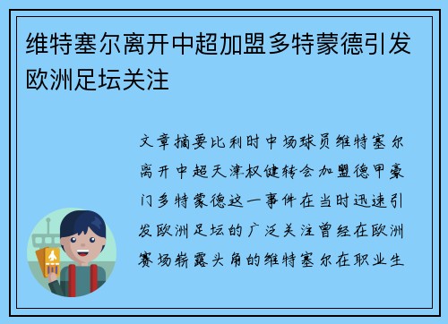 维特塞尔离开中超加盟多特蒙德引发欧洲足坛关注